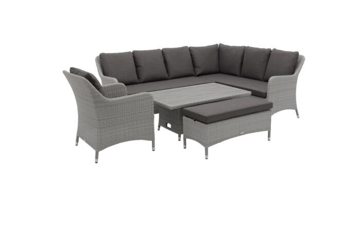 Bramblecrest Tetbury L-Shape Rattan Sofa with Rectangle Adjustable Tree-Free Table, Bench & Chair - Graphite-X26TYGM02