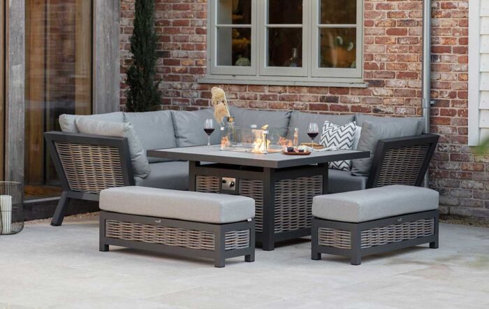 Bramblecrest Tuscan Garden Corner Sofa Set with Firepit Table - Grey