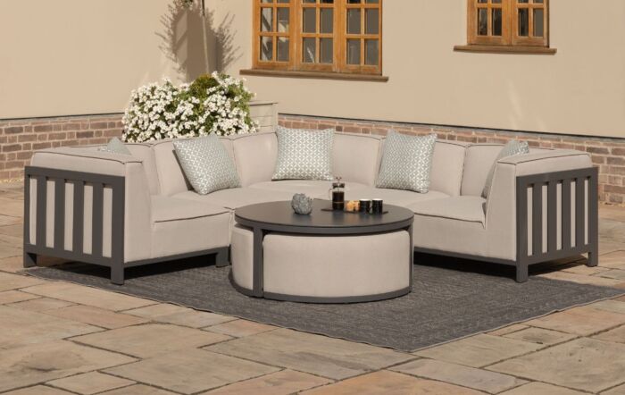 Maze Ibiza Small Outdoor Corner Sofa with Round Coffee Table and Footstools - Oatmeal-FB-IBIZ-SCSS-R-OT