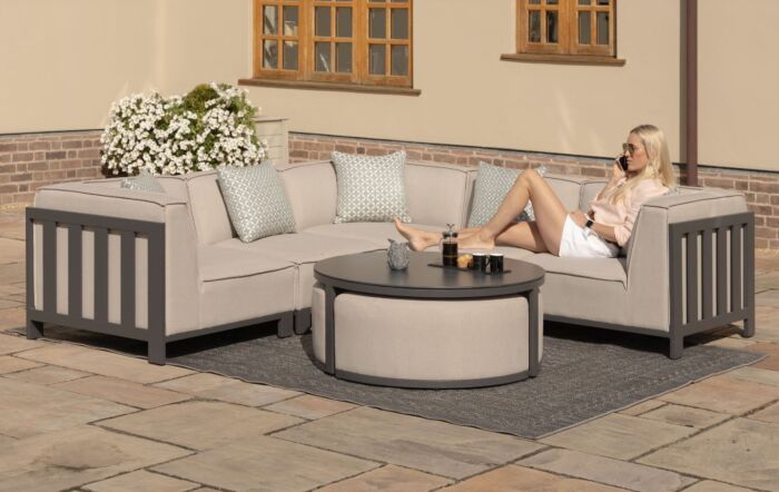 Maze Ibiza Small Outdoor Corner Sofa with Round Coffee Table and Footstools - Oatmeal-FB-IBIZ-SCSS-R-OT