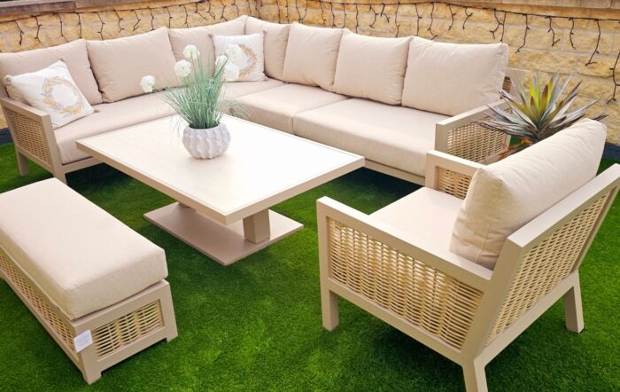 JB Furniture Conrad Large Rattan Corner Sofa Set with Adjustable Table, Bench & Armchair - Latte-CW-AS090-1