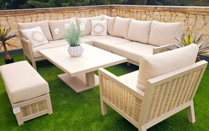 JB Furniture Conrad Large Rattan Corner Sofa Set with Adjustable Table, Bench & Armchair - Latte-CW-AS090-1