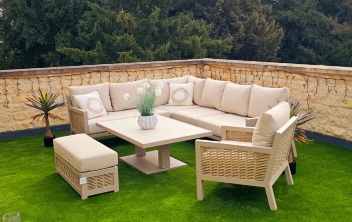 JB Furniture Conrad Large Rattan Corner Sofa Set with Adjustable Table, Bench & Armchair - Latte-CW-AS090-1