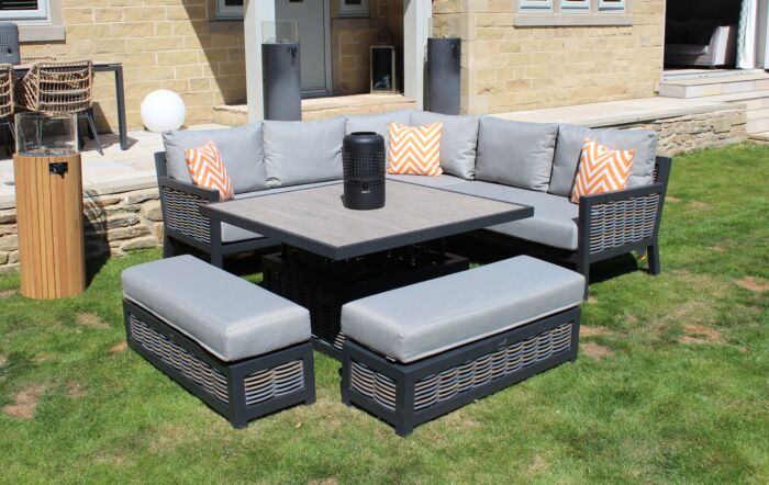 Bramblecrest Portofino Corner Garden Sofa Set with Adjustable Dining Table - Grey-X21APTSCDT8