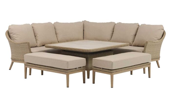 Bramblecrest Monterey Vogue Square Garden Sofa with Adj Piston Casual Dining Table & 2 Benches - Sandstone