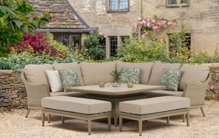 Bramblecrest Monterey Vogue Square Garden Sofa with Adj Piston Casual Dining Table & 2 Benches - Sandstone