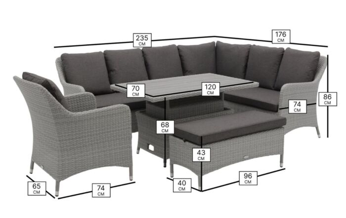 Bramblecrest Tetbury L-Shape Rattan Sofa with Rectangle Adjustable Tree-Free Table, Bench & Chair - Graphite
