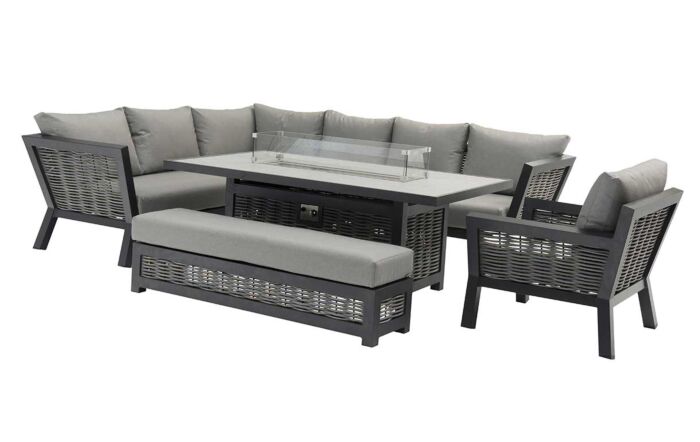 Bramblecrest Tuscan Garden Corner Sofa Set with Rectangle Firepit Table, Bench & Chair
