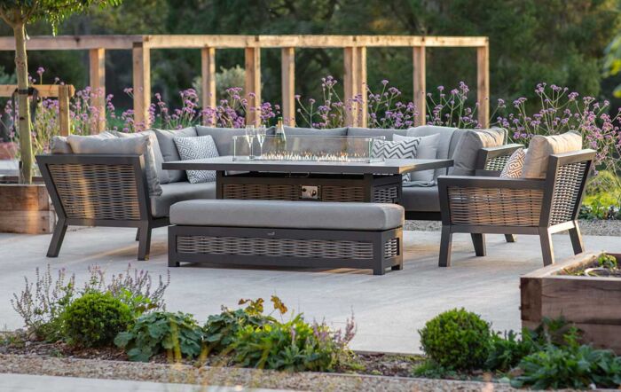 Bramblecrest Tuscan Garden Corner Sofa Set with Rectangle Firepit Table, Bench & Chair
