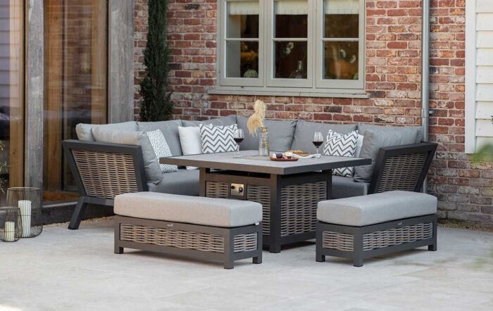 Bramblecrest Tuscan Garden Corner Sofa Set with Firepit Table - Grey