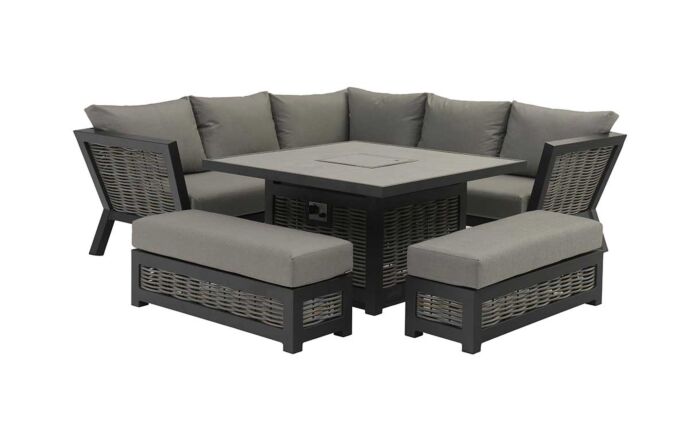 Bramblecrest Tuscan Garden Corner Sofa Set with Firepit Table - Grey