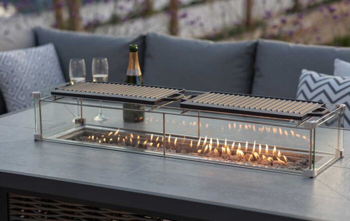 Bramblecrest Tuscan Garden Corner Sofa Set with Rectangle Firepit Table, Bench & Chair
