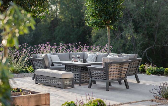 Bramblecrest Tuscan Modular Garden L-Shape Sofa, Large Rectangle Piston Table, Long Bench & Chair