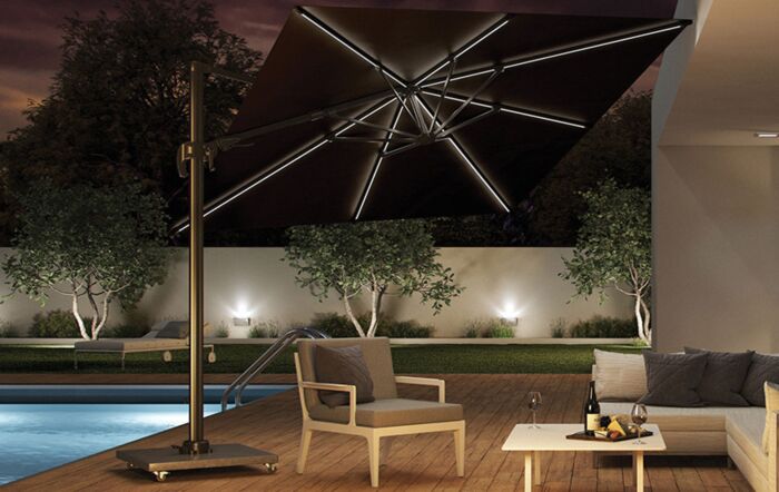 Platinum LED Glow Lighting Side Arm Parasol with Polished Granite Base