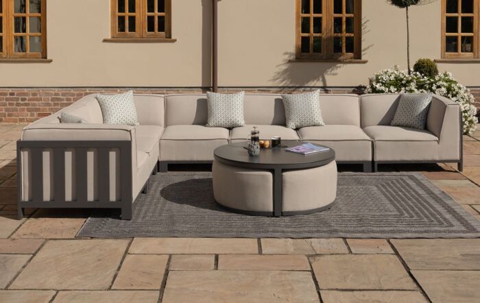 Maze Ibiza Large Corner Garden Sofa with Round Coffee Table & Footstools - Oatmeal