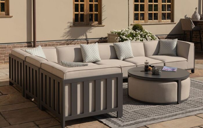 Maze Ibiza Large Corner Garden Sofa with Round Coffee Table & Footstools - Oatmeal