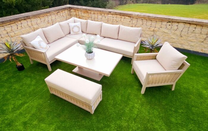JB Furniture Conrad Large Rattan Corner Sofa Set with Adjustable Table, Bench & Armchair - Latte