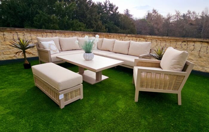 JB Furniture Conrad Large Rattan Corner Sofa Set with Adjustable Table, Bench & Armchair - Latte