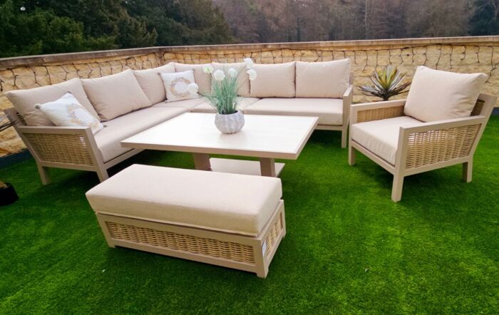 JB Furniture Conrad Large Rattan Corner Sofa Set with Adjustable Table, Bench & Armchair - Latte
