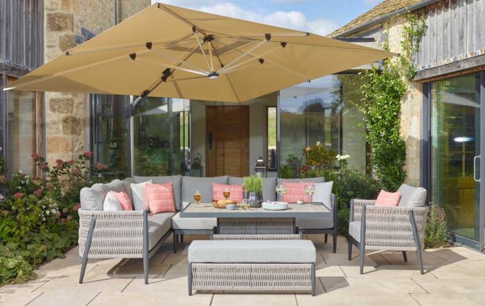 Bramblecrest Mauritius Garden Corner Sofa with Armchair and Rectangle Adjustable Table - Eco Cobble