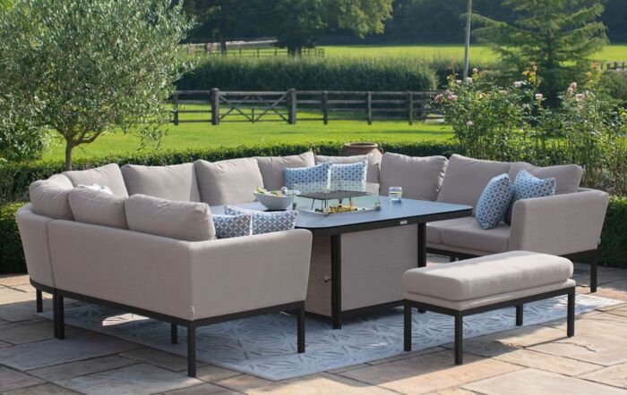 Maze Pulse U Shape Garden Sofa Dining Set With Fire Pit - Oatmeal