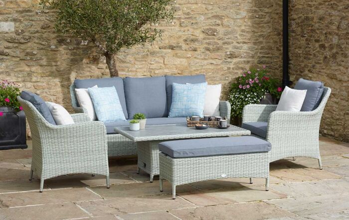 Bramblecrest Tetbury Three Seat Garden Rattan Sofa Set with Adjustable Dining Table - Cloud